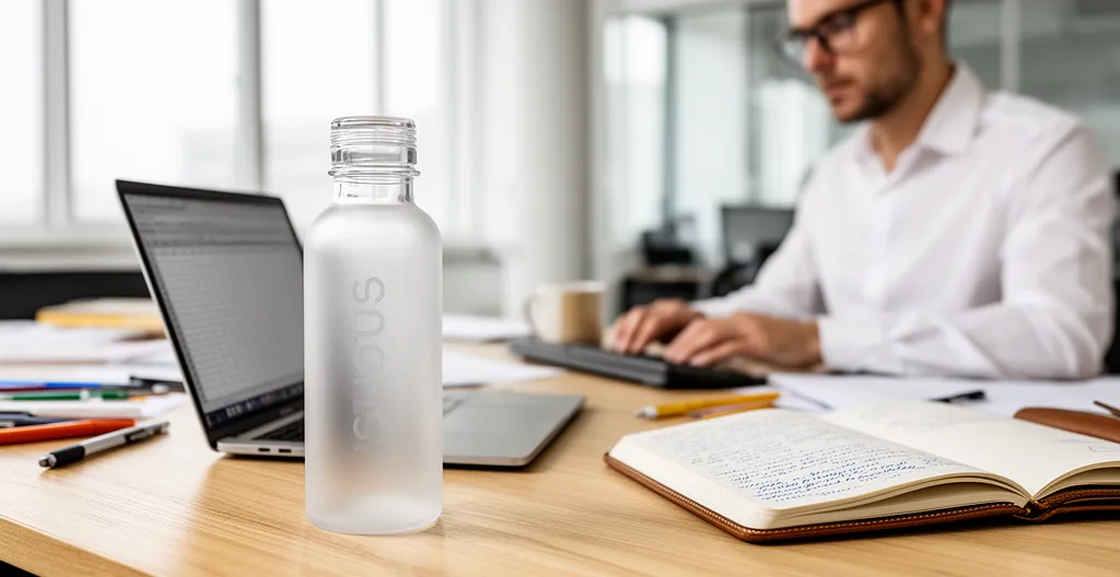 Gourde personnalisée posée sur un bureau à côté d'un ordinateur portable