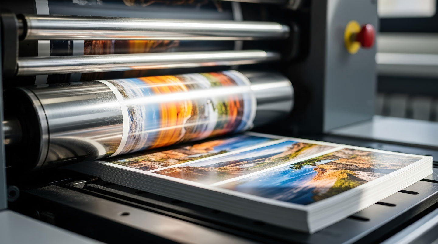 Pile importante de documents professionnels fraîchement imprimés à côté d'une imprimante laser en fonctionnement, sur un bureau contemporain