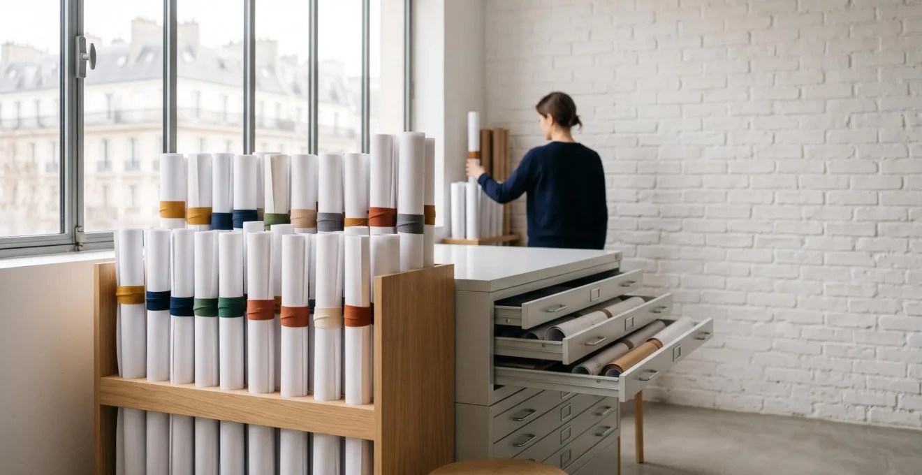 Rouleaux de plans d'architecture parfaitement rangés dans une agence française, symbole d'une recherche rapide et efficace