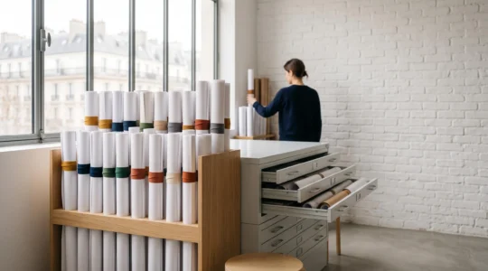 Rouleaux de plans d'architecture parfaitement rangés dans une agence française, symbole d'une recherche rapide et efficace