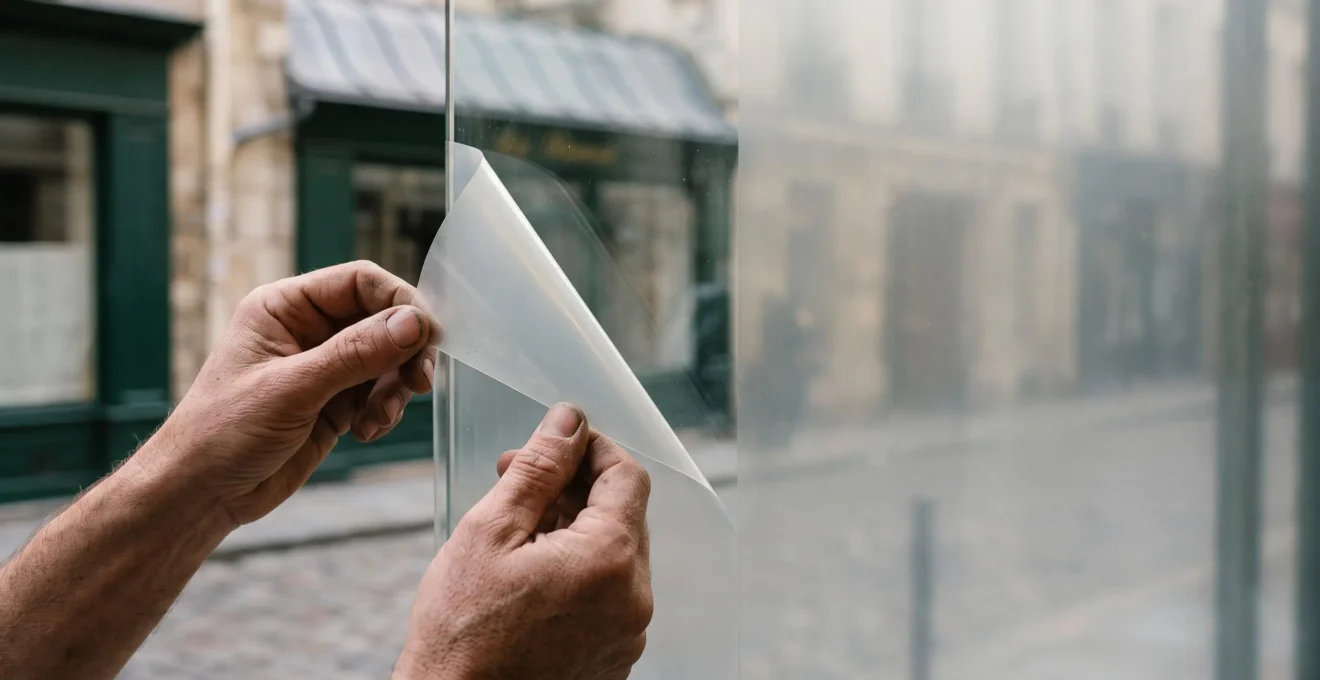 Gros plan sur les mains d'un artisan français en train de retirer délicatement un autocollant PVC décollé sur la vitrine d'une devanture typique