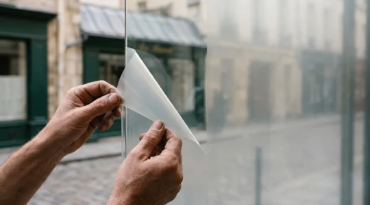 Gros plan sur les mains d'un artisan français en train de retirer délicatement un autocollant PVC décollé sur la vitrine d'une devanture typique