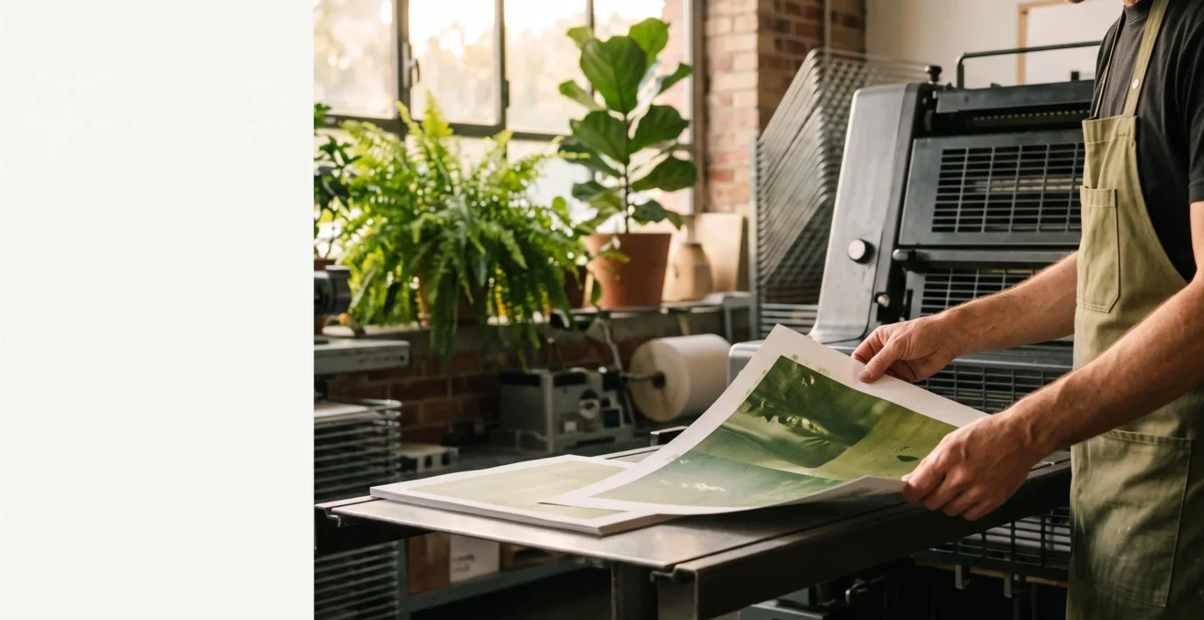 Artisan imprimeur français tenant une feuille fraîchement imprimée aux teintes vertes dans un atelier lumineux, symbolisant la croissance grâce à l'engagement écologique