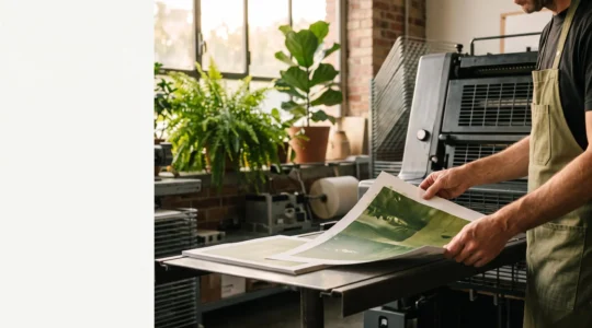 Artisan imprimeur français tenant une feuille fraîchement imprimée aux teintes vertes dans un atelier lumineux, symbolisant la croissance grâce à l'engagement écologique