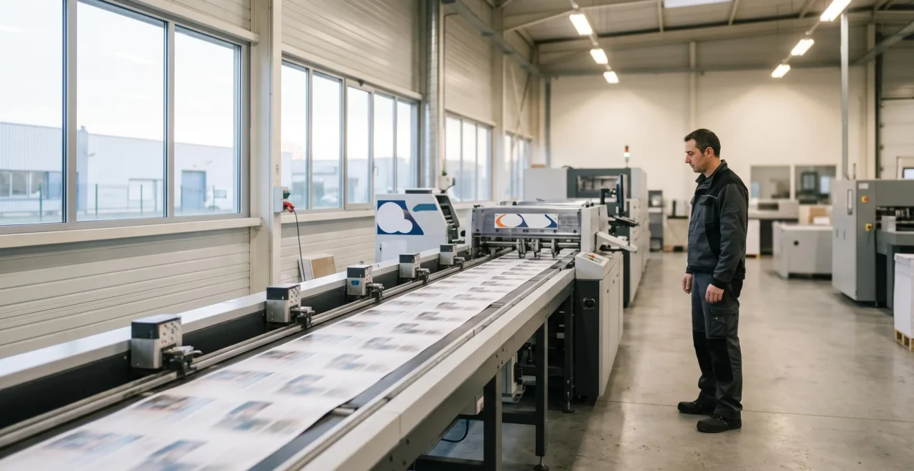 Atelier d'impression français moderne où l'automatisation intelligente accélère la production et réduit les délais