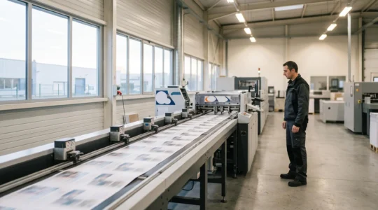 Atelier d'impression français moderne où l'automatisation intelligente accélère la production et réduit les délais