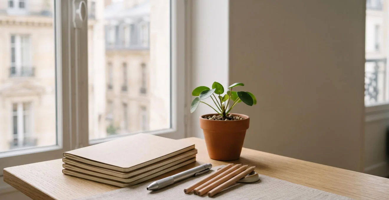 Bureau a la francaise organise avec des fournitures de papeterie durables et rechargeables, symbolisant une transition zero dechet economique.