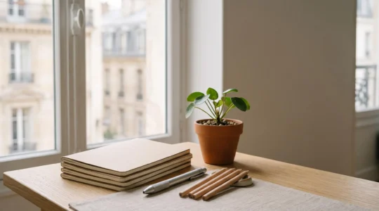 Bureau a la francaise organise avec des fournitures de papeterie durables et rechargeables, symbolisant une transition zero dechet economique.
