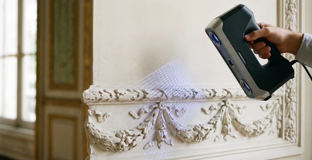 Numérisation 3D en cours d'une moulure sculptée du 18ème siècle dans un hôtel particulier français