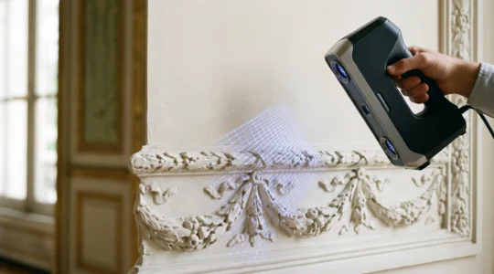 Numérisation 3D en cours d'une moulure sculptée du 18ème siècle dans un hôtel particulier français