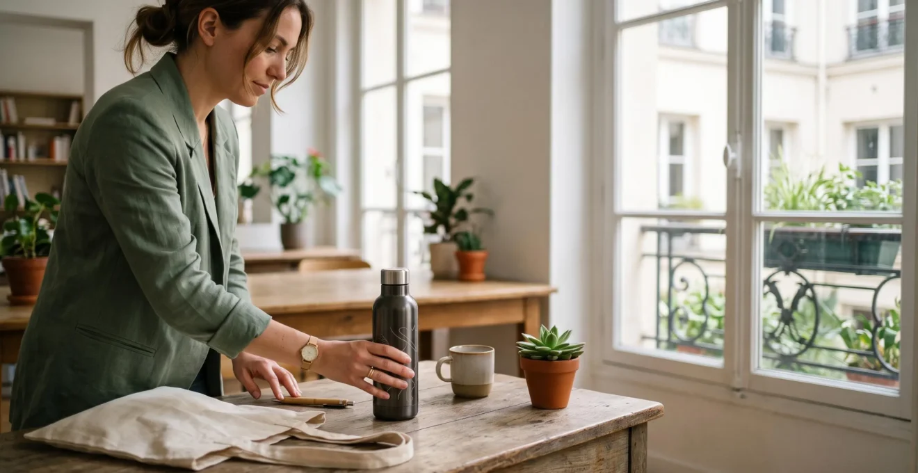 Sélection d'objets publicitaires écoresponsables en bois, coton et inox posés sur une table en bois dans un bureau lumineux à la française