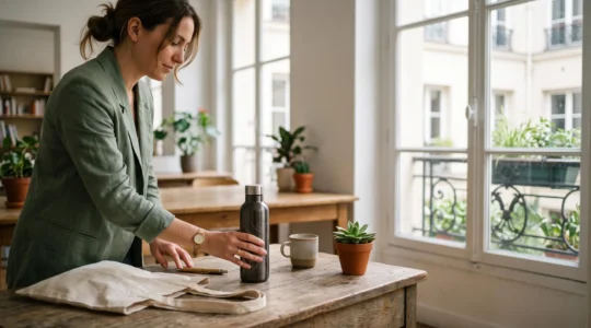 Sélection d'objets publicitaires écoresponsables en bois, coton et inox posés sur une table en bois dans un bureau lumineux à la française