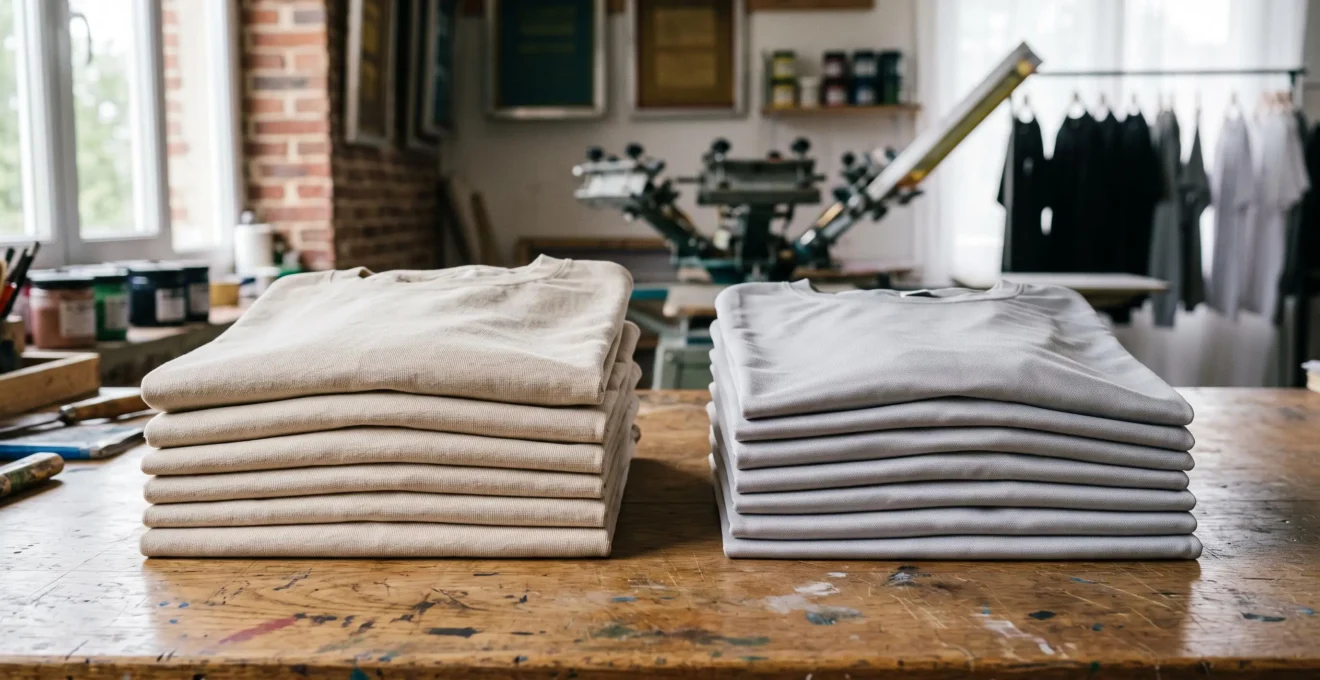 Piles soigneusement rangées de tee-shirts en coton et en polyester dans un atelier de sérigraphie français, illustrant le choix entre matières textiles pour une commande publicitaire