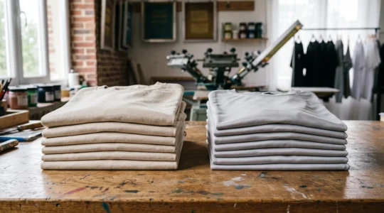 Piles soigneusement rangées de tee-shirts en coton et en polyester dans un atelier de sérigraphie français, illustrant le choix entre matières textiles pour une commande publicitaire