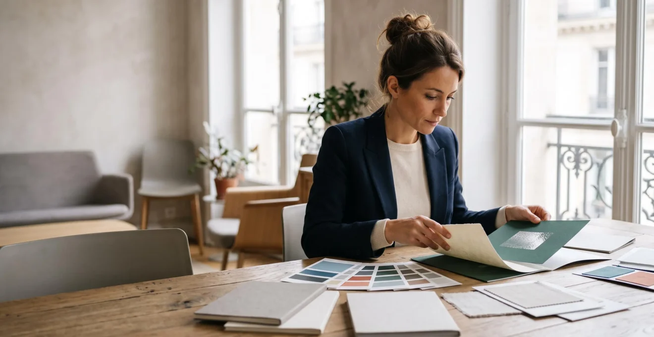 Un professionnel du marketing en France compare plusieurs devis d'impression papier étalés sur un bureau en bois, symbolisant l'analyse comparative de prestataires