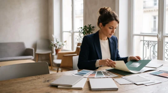 Un professionnel du marketing en France compare plusieurs devis d'impression papier étalés sur un bureau en bois, symbolisant l'analyse comparative de prestataires