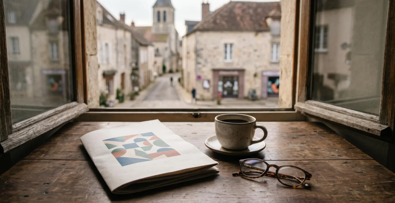 Journal municipal de 16 pages posé sur une table en bois dans un cadre villageois francais, symbolisant la proximite et la lecture partagee