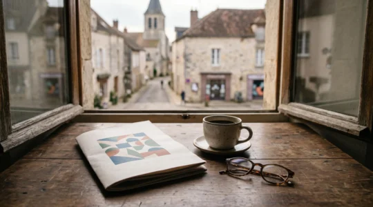 Journal municipal de 16 pages posé sur une table en bois dans un cadre villageois francais, symbolisant la proximite et la lecture partagee