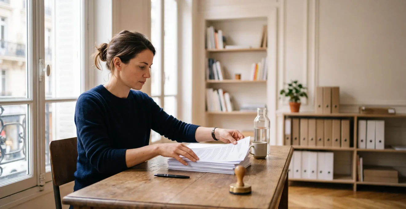 Entrepreneur français examinant avec attention une liasse de documents imprimés dans un bureau lumineux, symbolisant la rigueur du contrôle de conformité fiscale