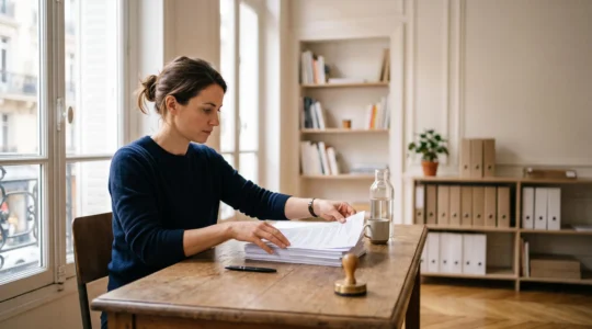 Entrepreneur français examinant avec attention une liasse de documents imprimés dans un bureau lumineux, symbolisant la rigueur du contrôle de conformité fiscale
