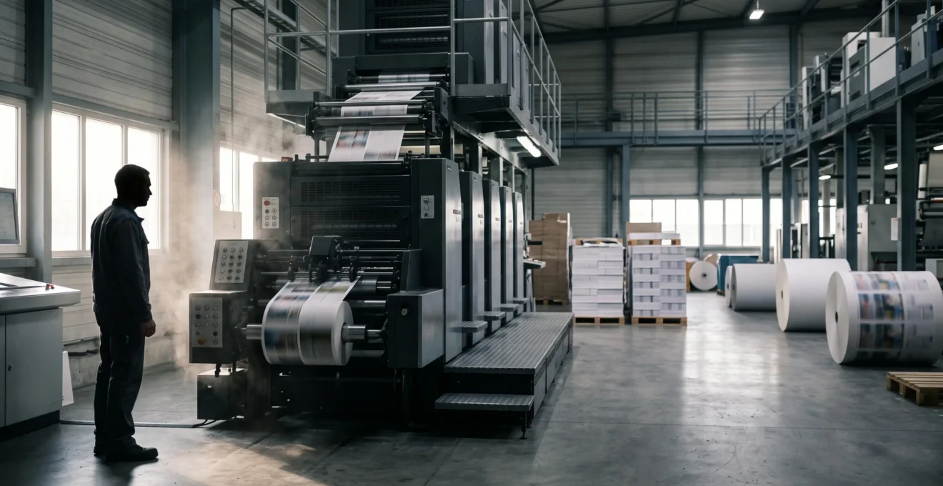 Vue éditoriale d'un atelier d'impression français où précision technique et production à grande échelle coexistent harmonieusement