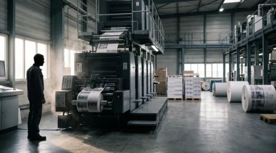 Vue éditoriale d'un atelier d'impression français où précision technique et production à grande échelle coexistent harmonieusement