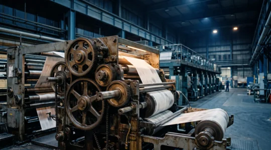 Rotative d'imprimerie de presse quotidienne française photographiée de nuit, symbolisant la course contre le temps du bouclage