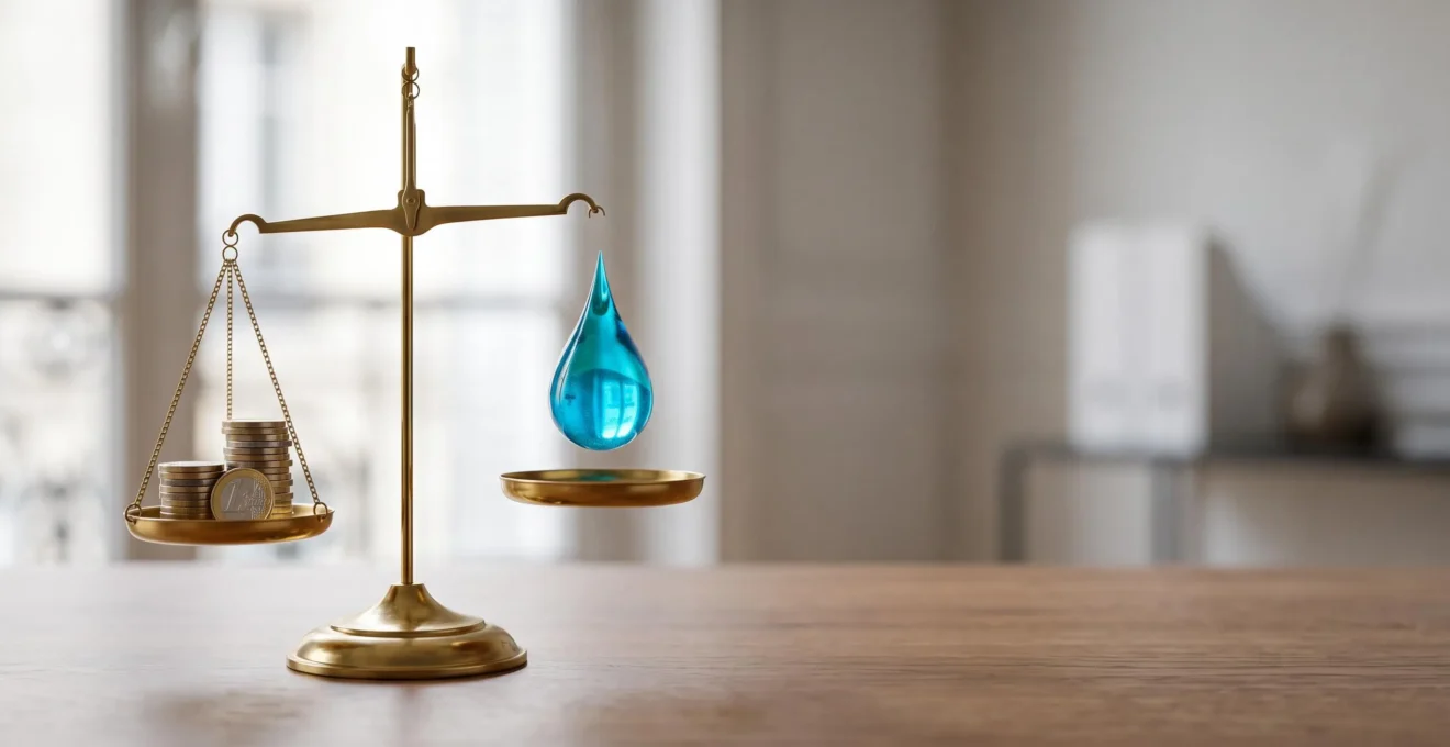 Balance symbolique entre pièces de monnaie et gouttes d'encre illustrant le coût caché des consommables d'impression pour une entreprise française