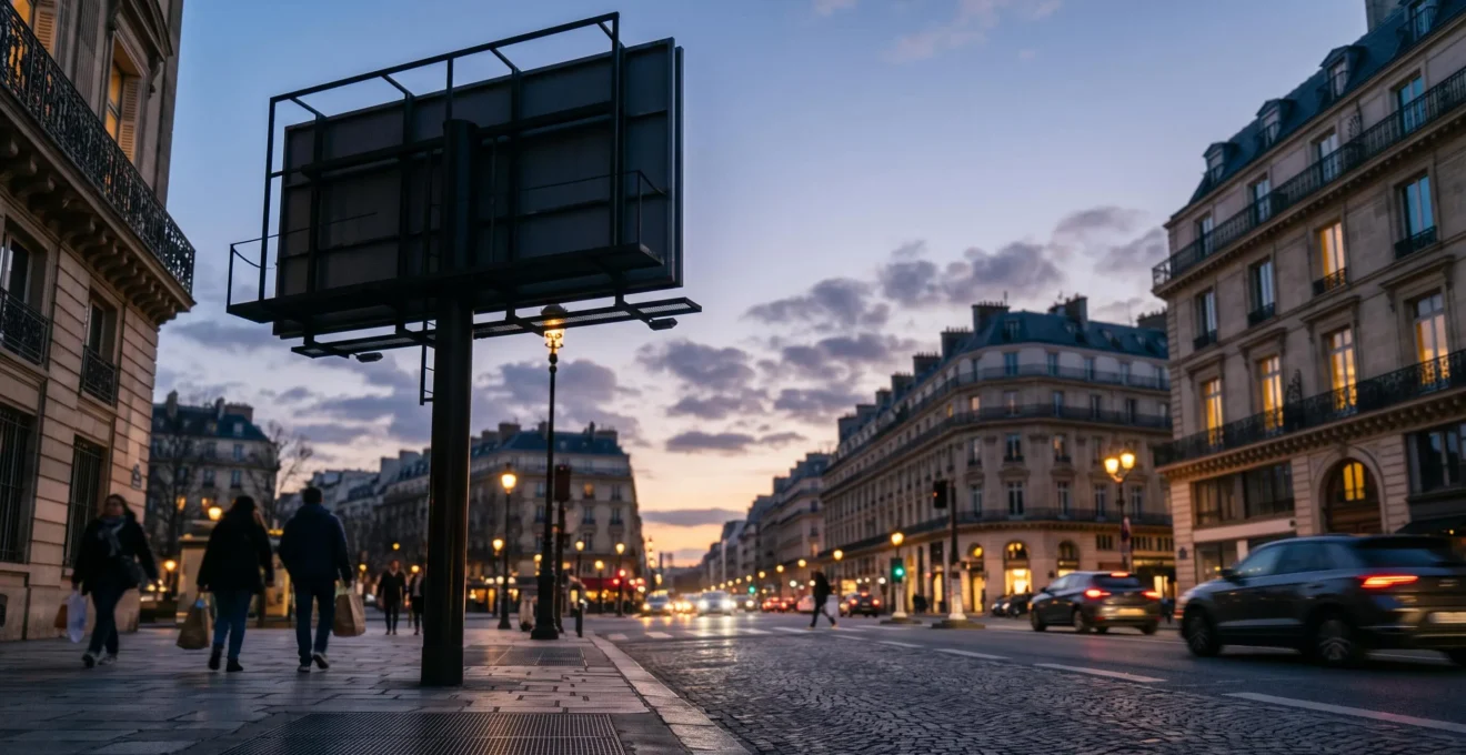 Panneau publicitaire vu en contre-plongée le long d'une avenue française au crépuscule, symbolisant le calcul du coût par impression visuelle