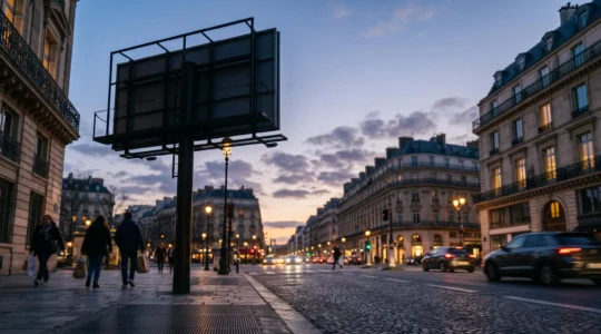 Panneau publicitaire vu en contre-plongée le long d'une avenue française au crépuscule, symbolisant le calcul du coût par impression visuelle
