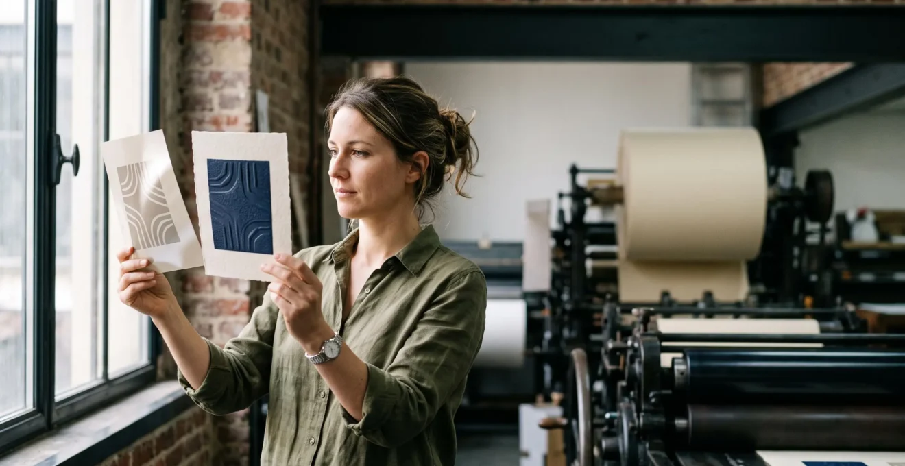 Un professionnel de l'impression compare deux échantillons de papier texturés sous une lumière naturelle dans un atelier français, symbolisant le choix entre deux techniques d'impression