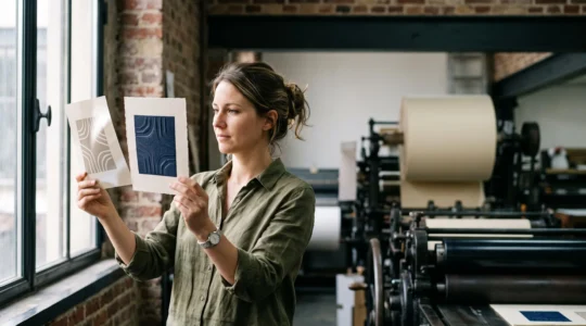 Un professionnel de l'impression compare deux échantillons de papier texturés sous une lumière naturelle dans un atelier français, symbolisant le choix entre deux techniques d'impression