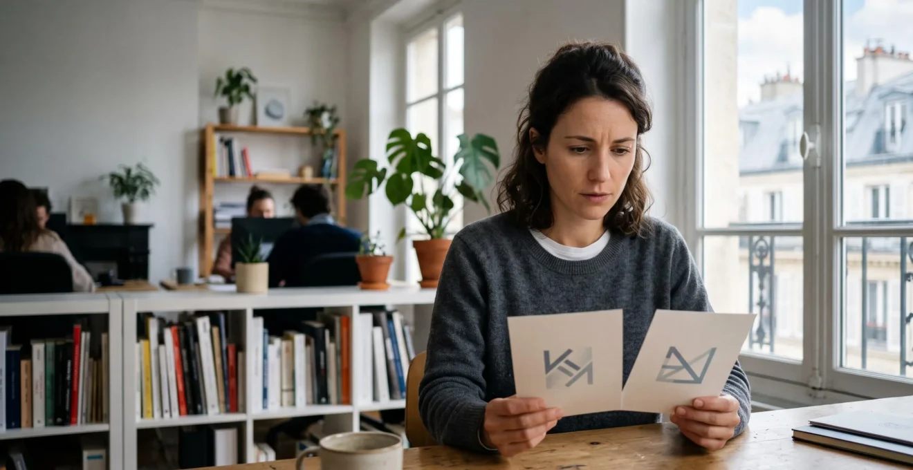 Entrepreneur et designer français examinant attentivement un logo abstrait sur une table de travail, illustrant la vigilance nécessaire face au risque de contrefaçon