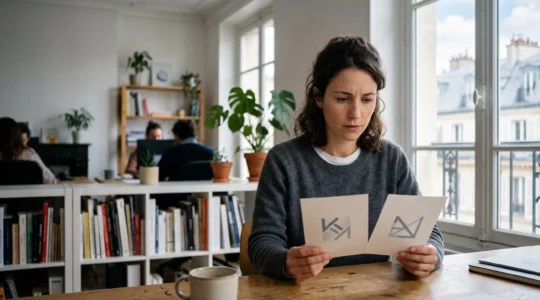 Entrepreneur et designer français examinant attentivement un logo abstrait sur une table de travail, illustrant la vigilance nécessaire face au risque de contrefaçon