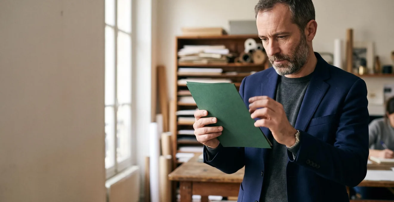 Un expert en communication examine avec soin un support imprimé premium dans un atelier lumineux, symbolisant la valeur ajoutée d'un service professionnel haut de gamme