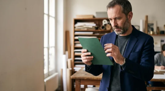 Un expert en communication examine avec soin un support imprimé premium dans un atelier lumineux, symbolisant la valeur ajoutée d'un service professionnel haut de gamme