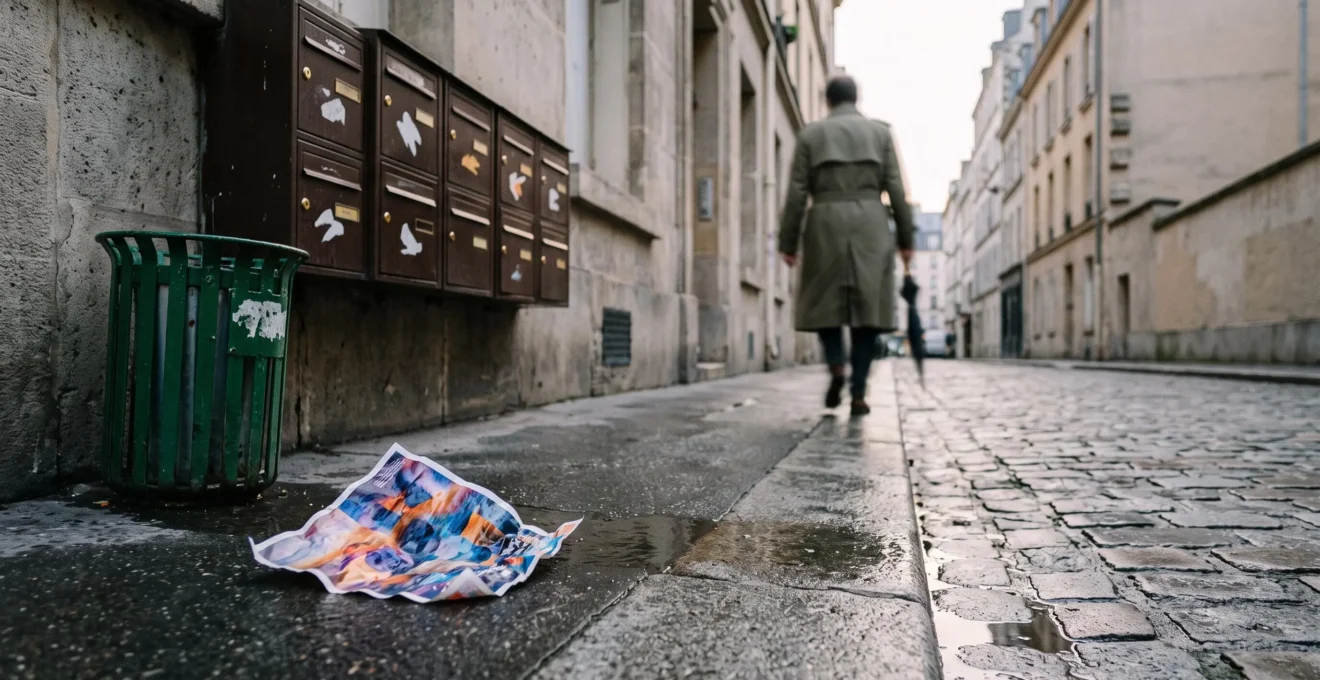 Flyer publicitaire abandonne sur un trottoir parisien, illustrant le rejet en quelques secondes