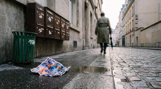 Flyer publicitaire abandonne sur un trottoir parisien, illustrant le rejet en quelques secondes