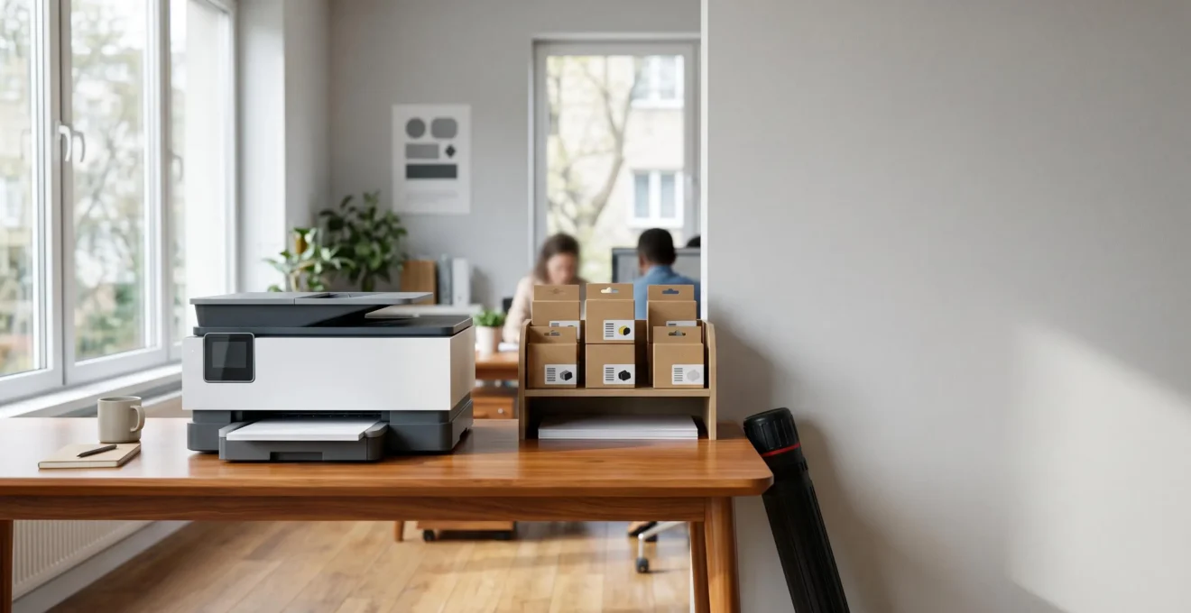 Bureau français moderne avec une imprimante professionnelle et des cartouches d'encre organisées, symbolisant une gestion maîtrisée des stocks sans surinvestissement