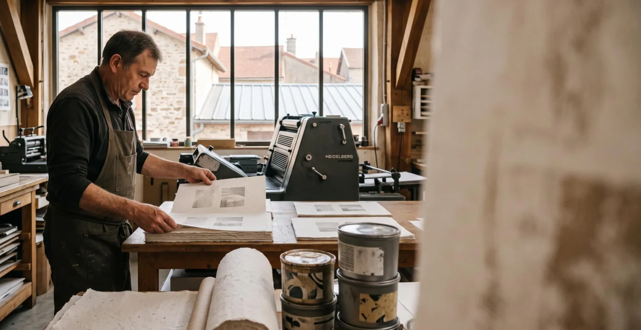 Atelier d'impression écologique français mêlant savoir-faire artisanal et matériaux durables pour une communication RSE maîtrisée