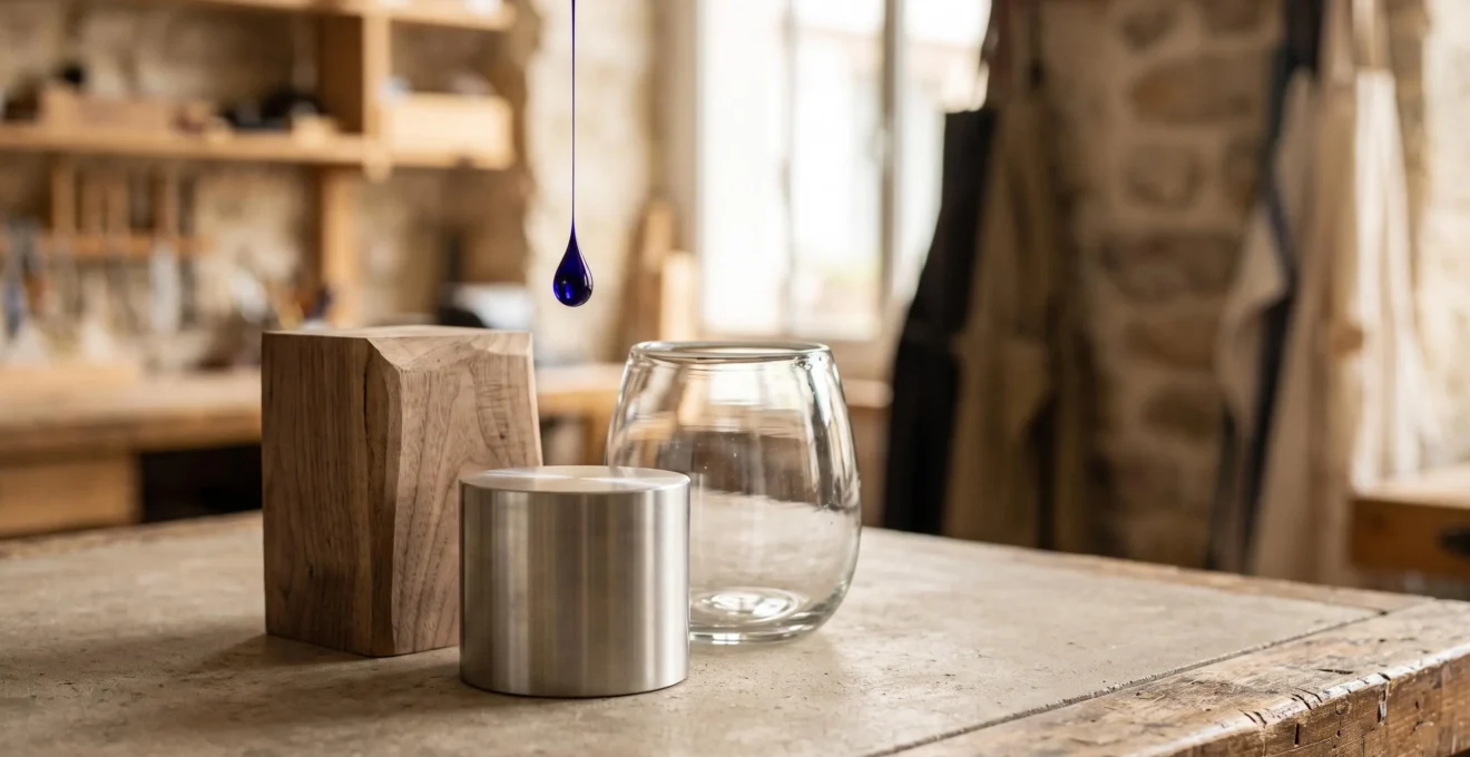 Trois objets artisanaux en verre, bois et métal disposés côte à côte dans un atelier français, illustrant l'impression UV en une seule passe