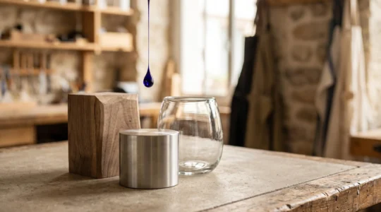 Trois objets artisanaux en verre, bois et métal disposés côte à côte dans un atelier français, illustrant l'impression UV en une seule passe