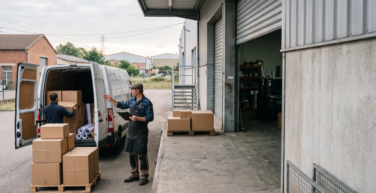 Caisses d'impressions professionnelles prêtes à être chargées dans un véhicule de livraison devant un atelier français, dans une ambiance de préparation d'événement