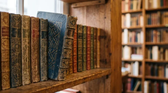 Ouvrage à la reliure épaisse et soignée posé sur une étagère de bibliothèque, évoquant l'allure d'un livre de librairie française