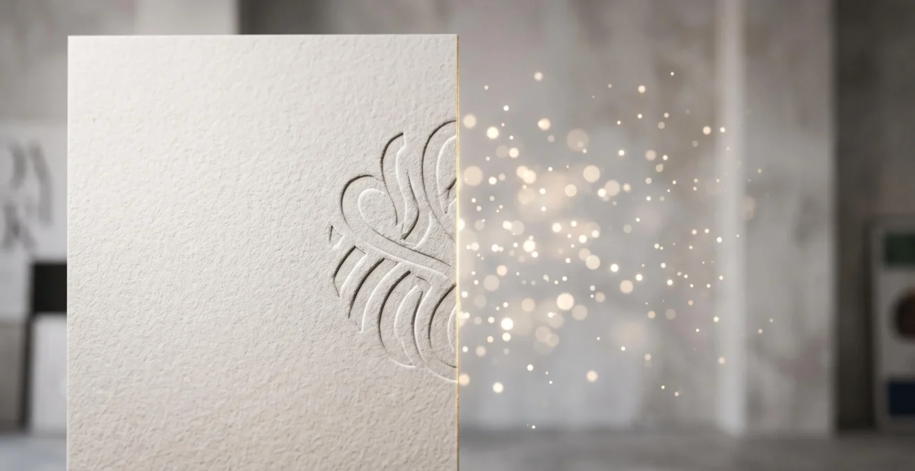 Logo d'entreprise imprimé sur papier premium se transformant symboliquement en pixels lumineux sur un écran, illustrant la transition du print vers le digital