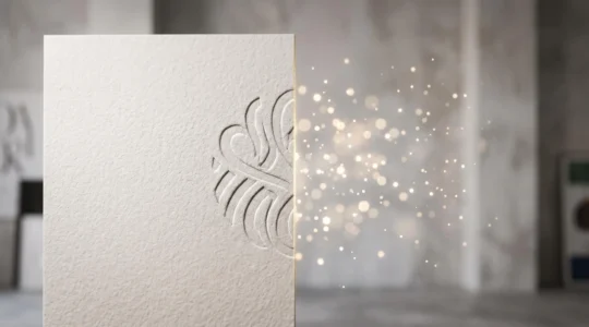 Logo d'entreprise imprimé sur papier premium se transformant symboliquement en pixels lumineux sur un écran, illustrant la transition du print vers le digital