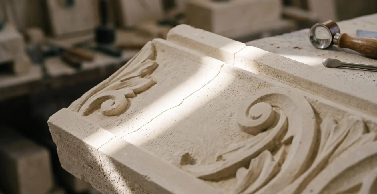 Faisceau de lumière rasante révélant une microfissure invisible sur une pierre sculptée à la française