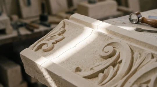 Faisceau de lumière rasante révélant une microfissure invisible sur une pierre sculptée à la française