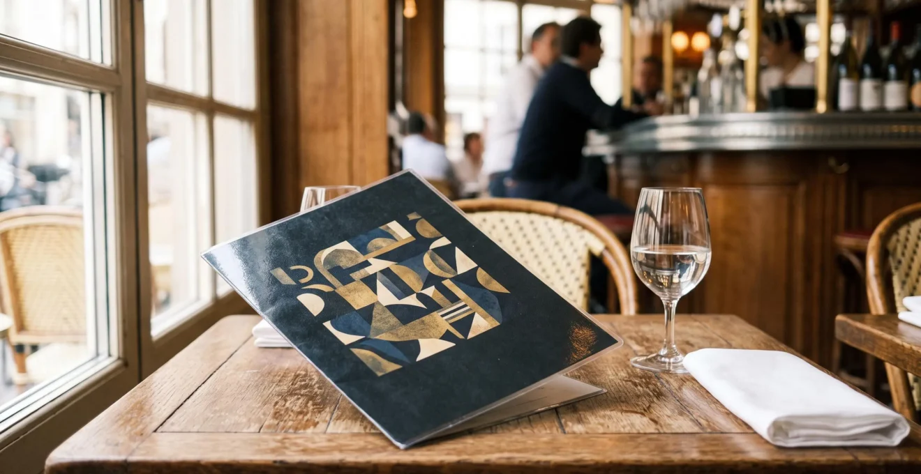 Carte de restaurant plastifiée posée sur une table de bistrot français, illustrant la protection contre les manipulations quotidiennes