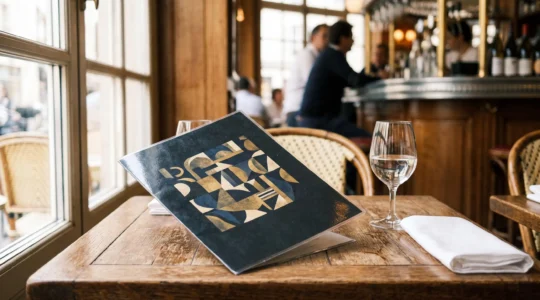 Carte de restaurant plastifiée posée sur une table de bistrot français, illustrant la protection contre les manipulations quotidiennes